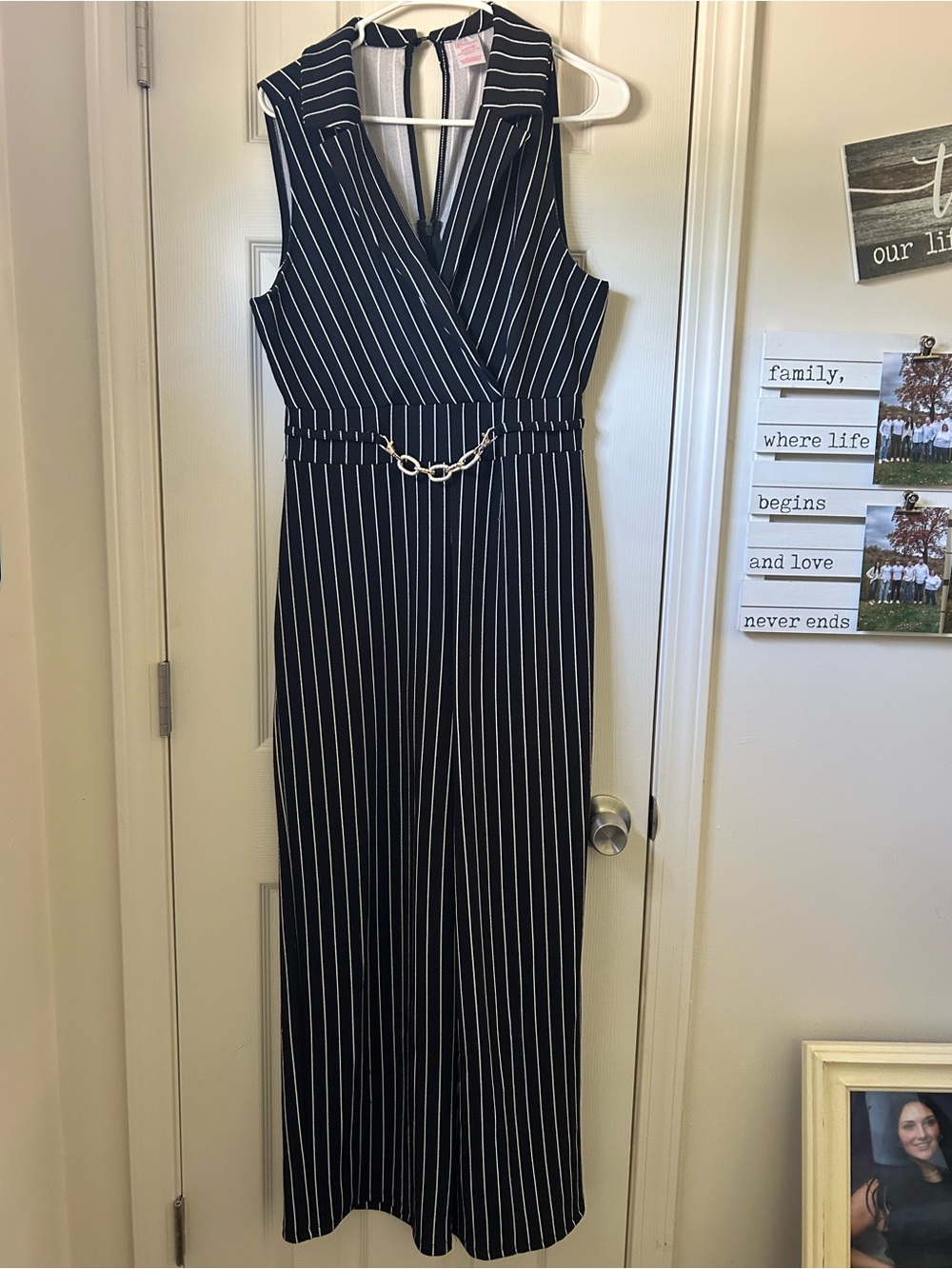No Boundaries Black & White One-Shoulder Pinstripe Jumpsuit